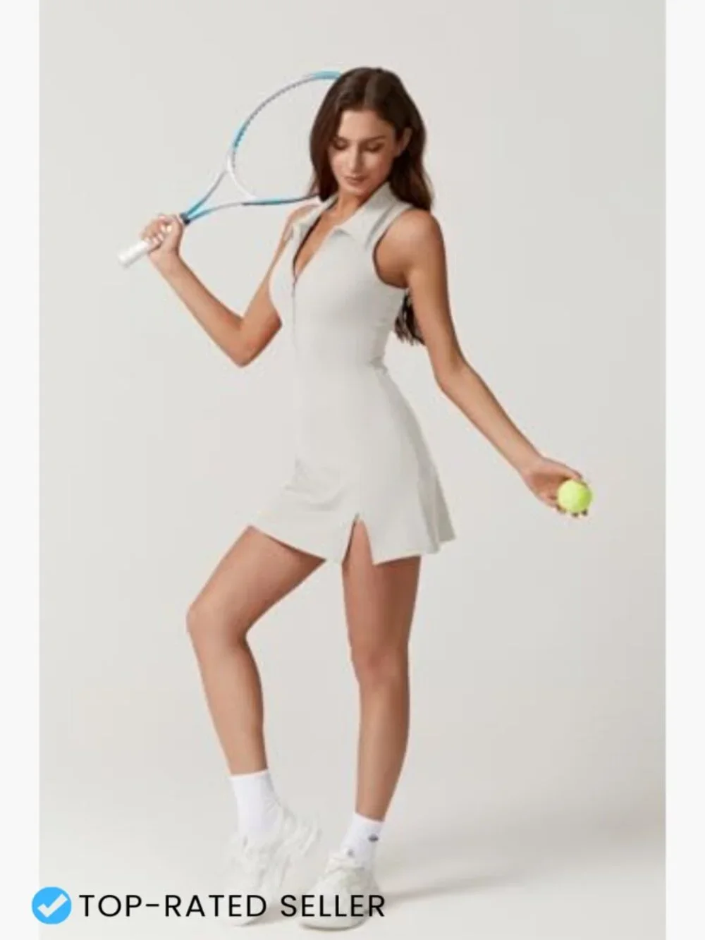 Womens Zip Front Tennis Dress Polo Collar Racer Back Workout Golf Dress - Picture 5 of 7